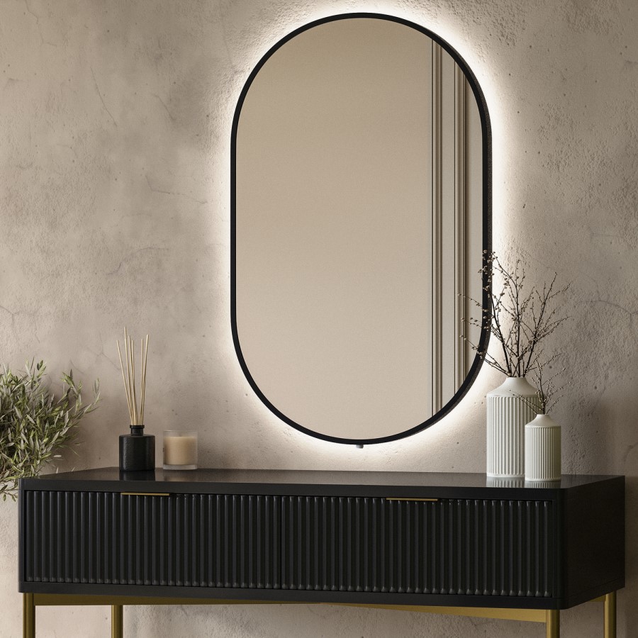 Oval Backlit Black Wall Mirror with Battery Operated Lights 50 x 80cm - Venus