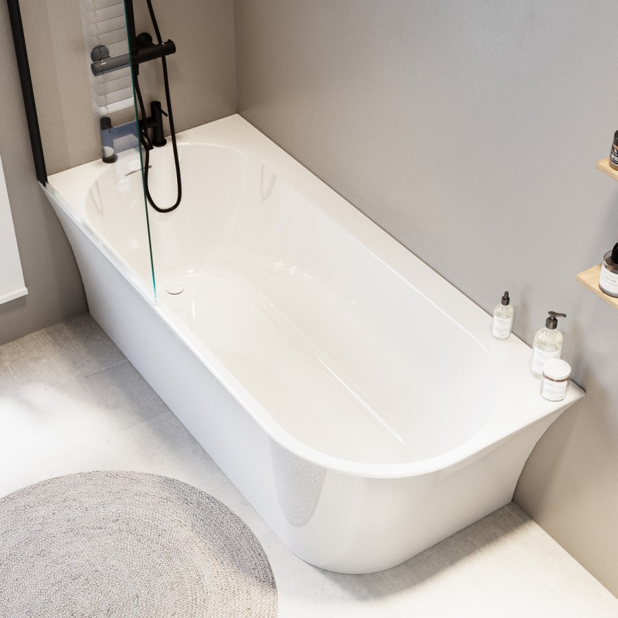 Freestanding Shower Bath Single Ended Left Hand Corner with Matt Black Bath Screen 1700 x 750mm - Vigo