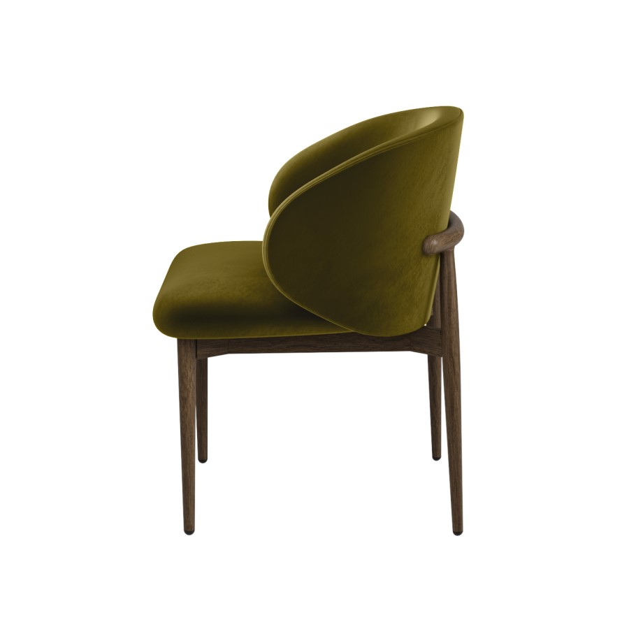 Walnut and Olive Green Velvet Curved Dining Chair with Solid Wood Exposed Back - Kori
