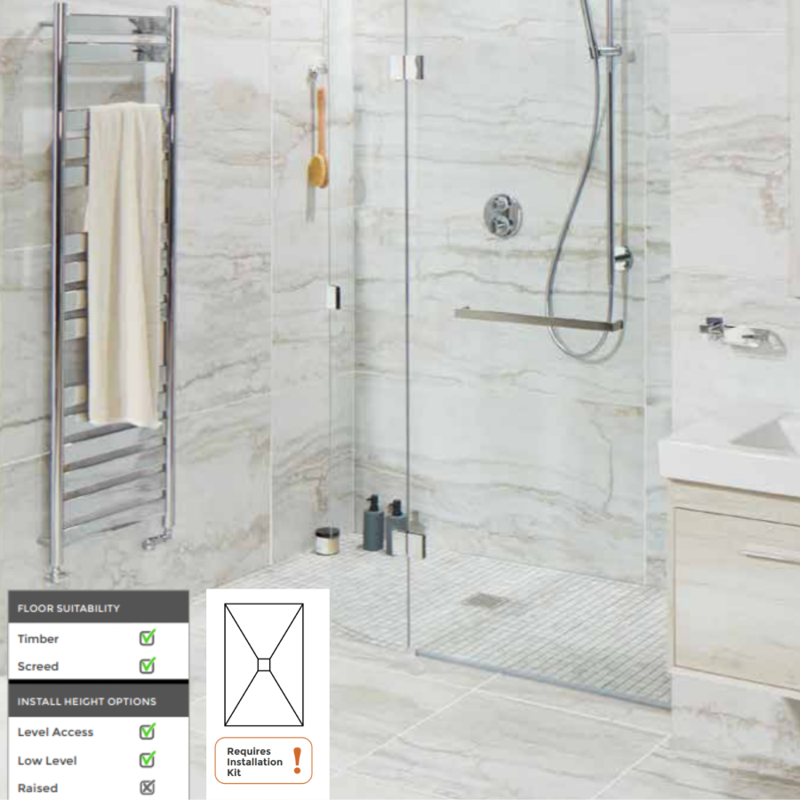 1600x900mm Wet Room Tile-Ready Shower Tray with Wet Room Install & Square Centre Waste Drainage Kit
