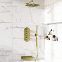 Brushed Brass 3 Outlet Thermostatic Mixer Shower Set With Waterfall Bath Filler Spout & Hand Shower with Wall Bracket -Zanda