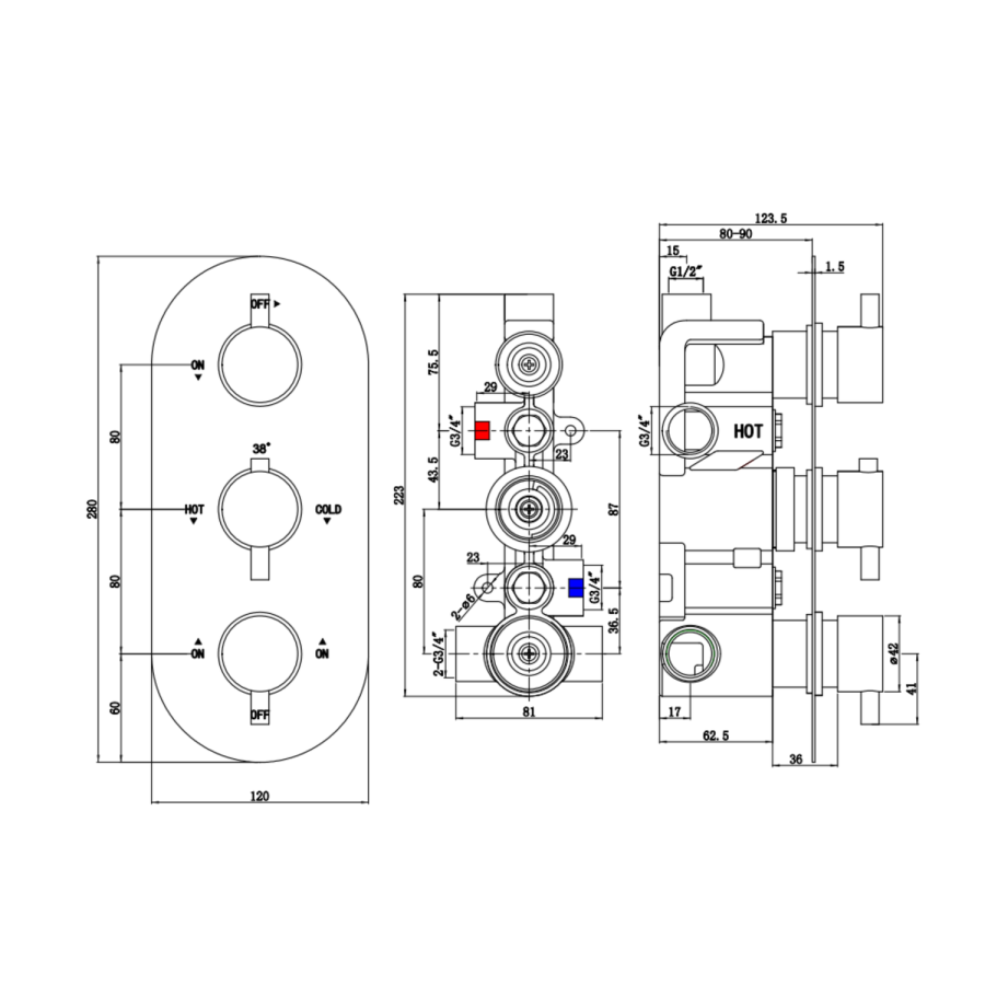 Brushed Brass 3 Outlet Thermostatic Mixer Shower Set With Hand Shower and Waterfall Bath Filler Spout -Zanda