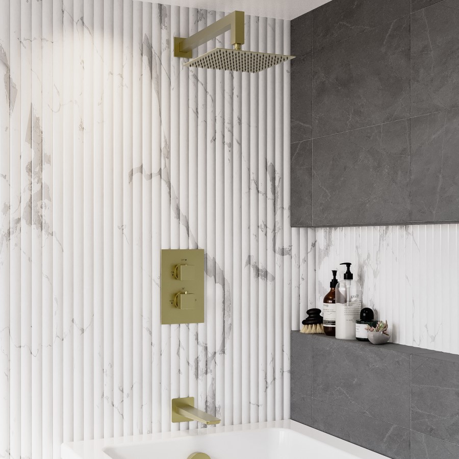 Brushed Brass 200mm Rainfall Square Shower Head & Arm - Zana