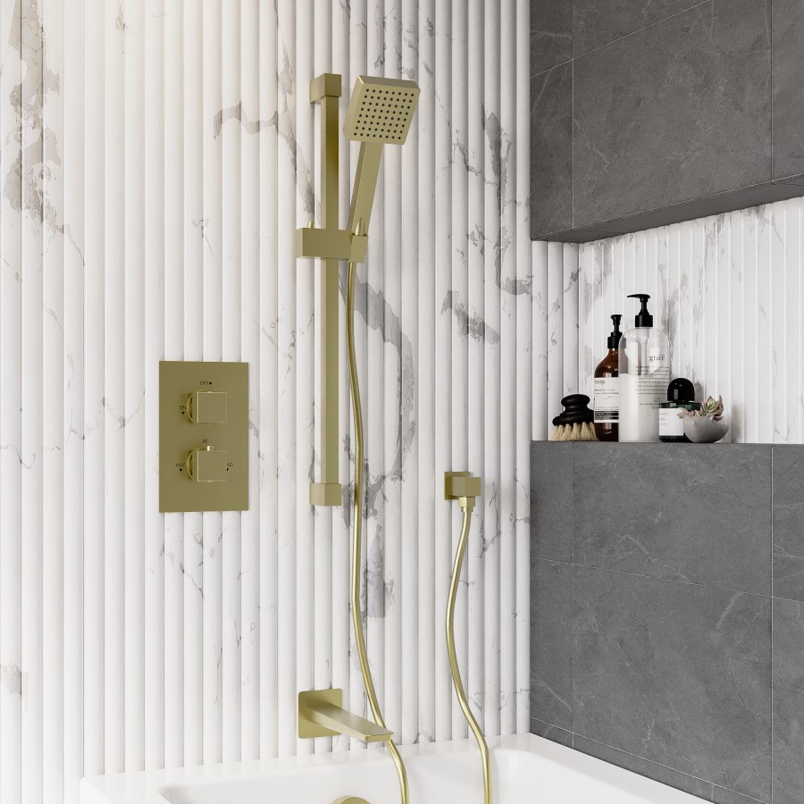 Brushed Brass 2 Outlet Concealed Thermostatic Shower Valve With Triple Control - Zana