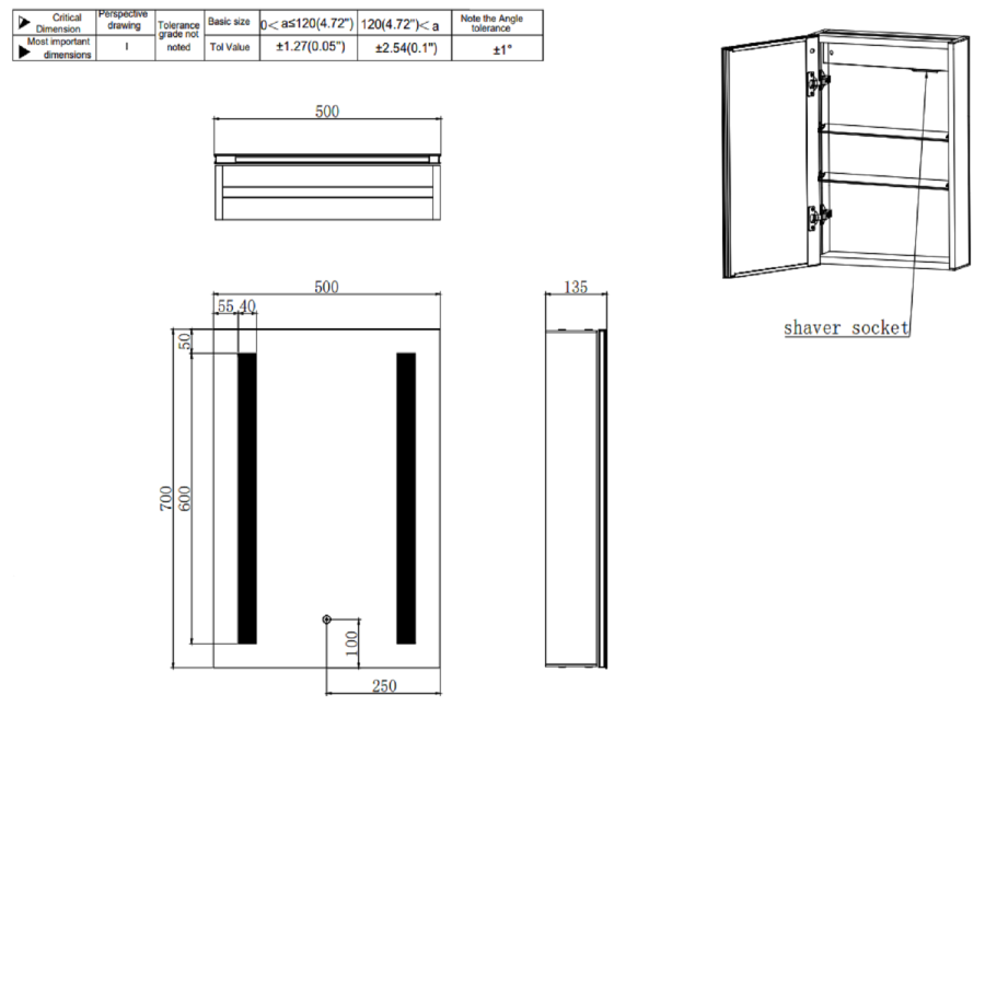 Single Door Chrome Bathroom Mirror Cabinet with Lights 500 x 700mm - Capricorn