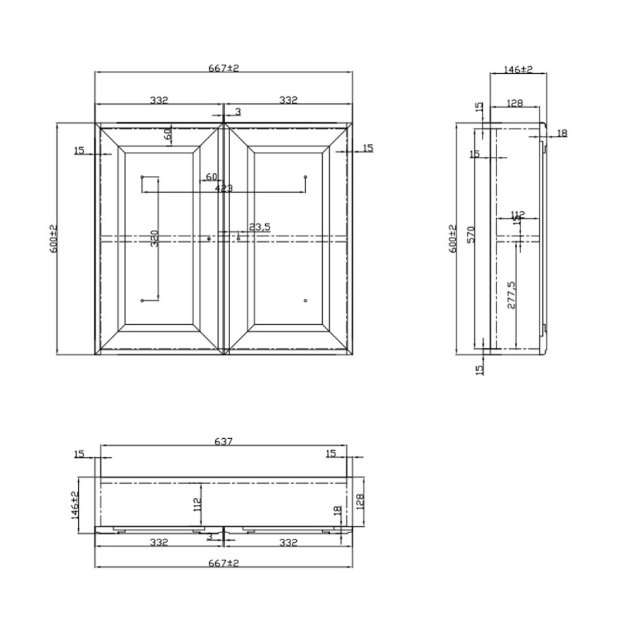 Double Door Dark Grey Bathroom Mirror Cabinet  667 x 600mm - Westbury