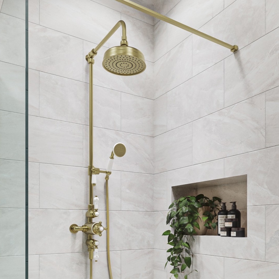Brushed Brass Traditional Thermostatic Mixer Shower Set with Slide Rail Kit & Hand Shower - Camden