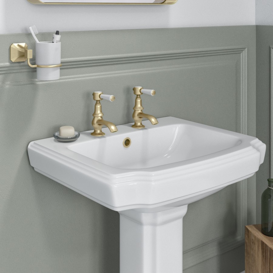Brushed Brass Traditional Basin Pillar Taps & Bath Filler Tap Pack - Helston