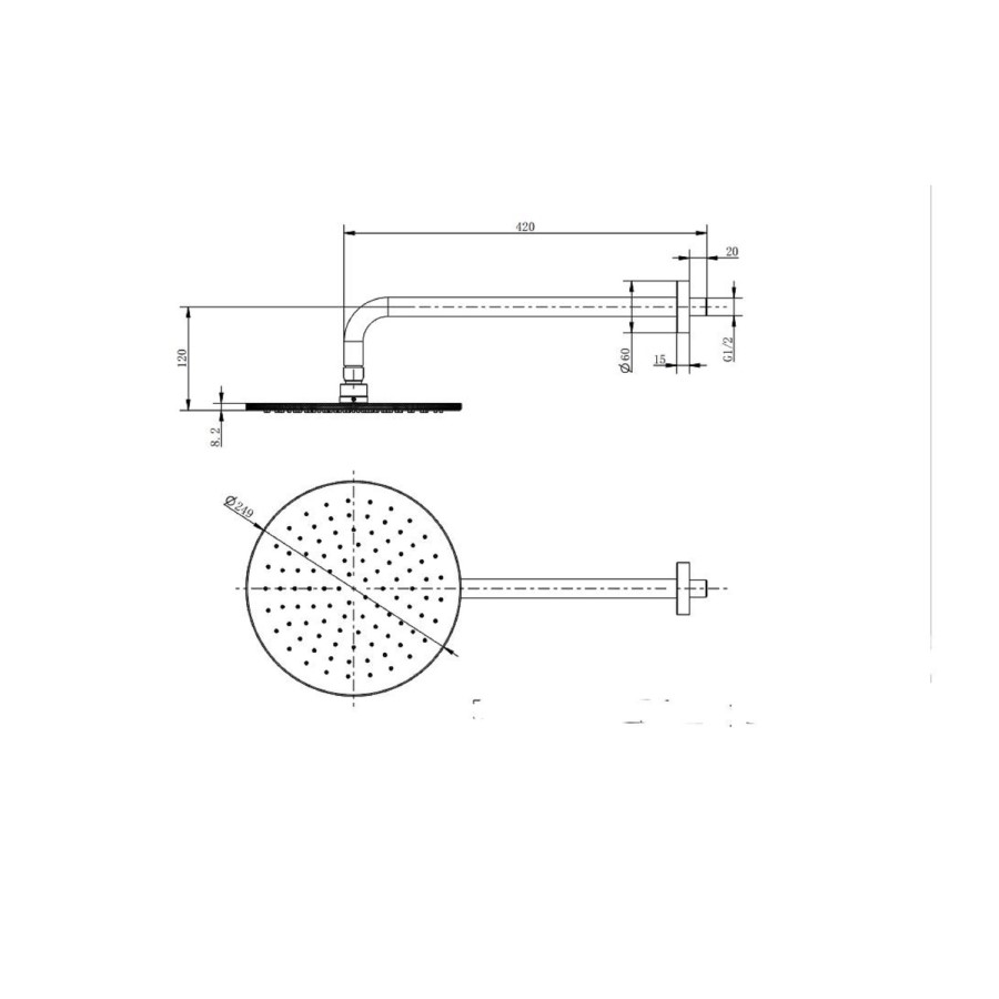 250mm Shower Head and Wall Arm Brushed Brass