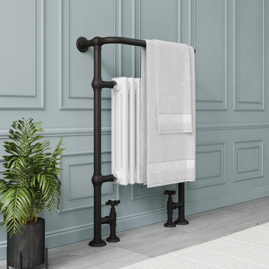 White and Black Traditional Column Radiator with Towel Rail 952 x 659mm - Regent