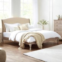 Oatmeal Fabric and Oak Wooden Super King Bed Frame - Camille