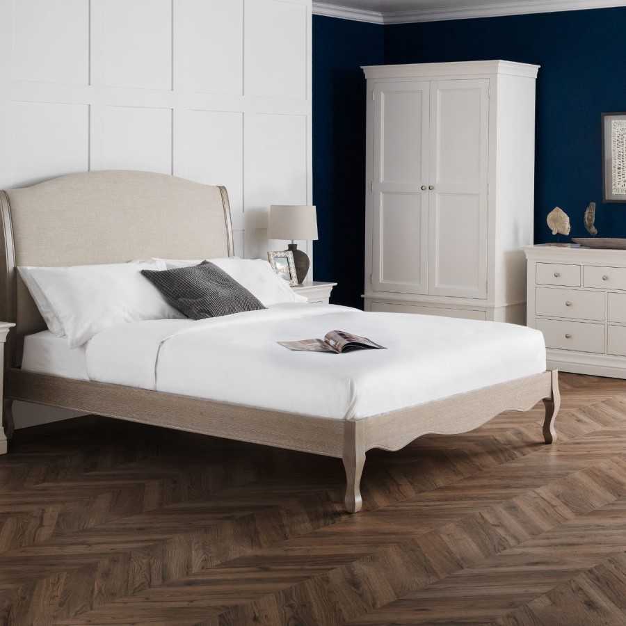 Oatmeal Fabric and Oak Wooden Super King Bed Frame - Camille