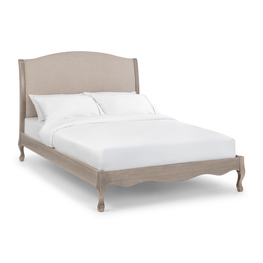 Oatmeal Fabric and Oak Wooden Super King Bed Frame - Camille