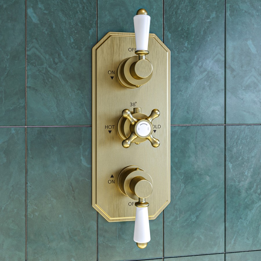 Brushed Brass 2 Outlet Wall Mounted Thermostatic Mixer Shower Set with Hand Shower - Cambridge