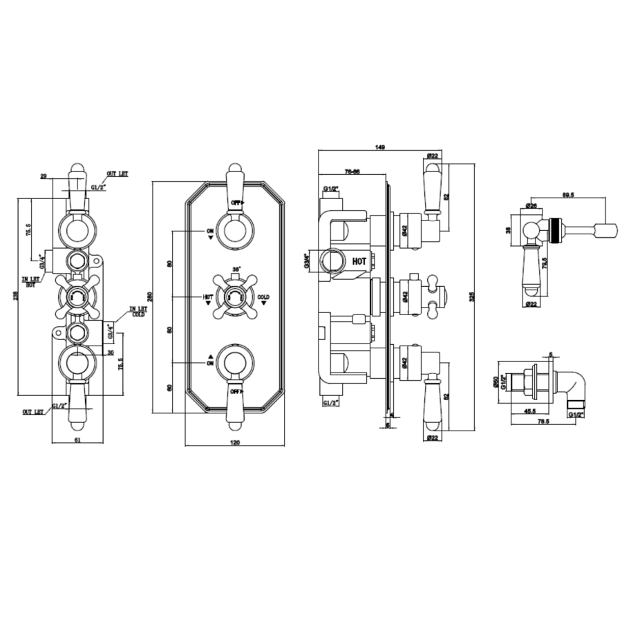 Brushed Brass 2 Outlet Wall Mounted Thermostatic Mixer Shower Set with Hand Shower - Cambridge