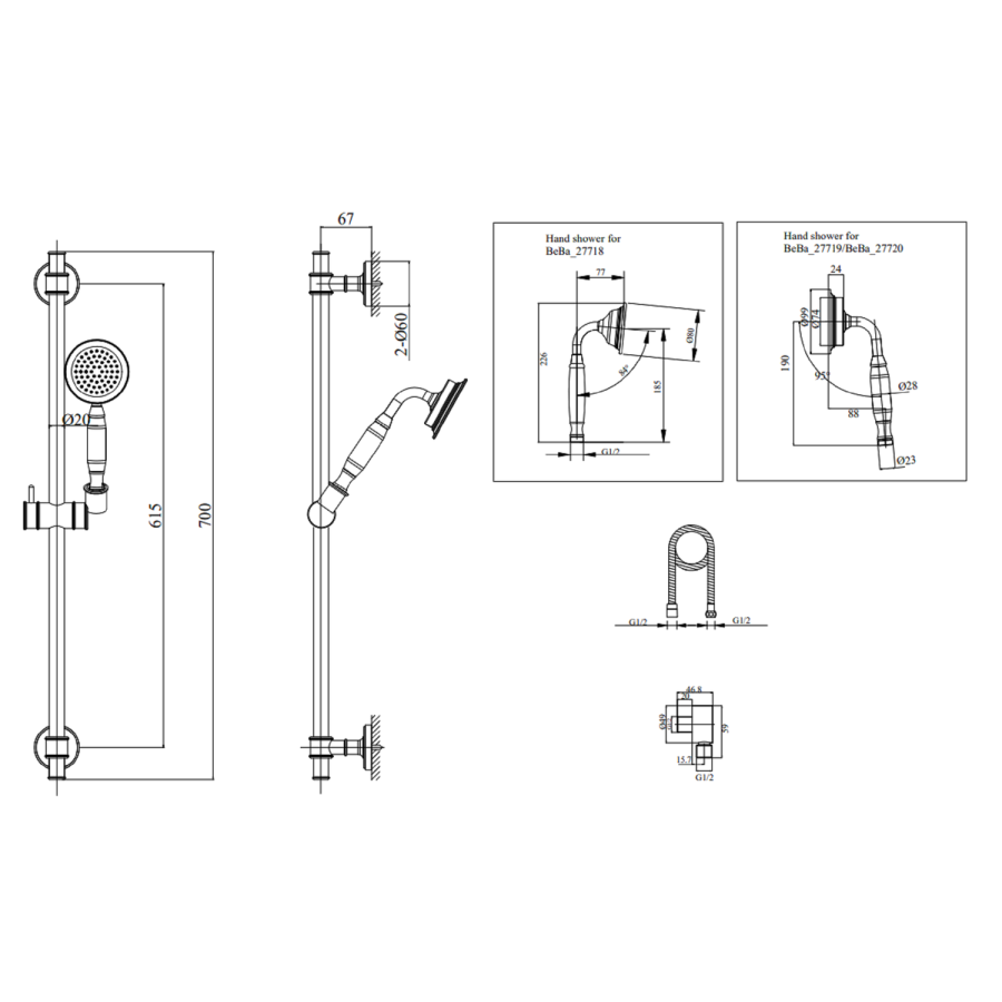 Brushed Brass 2 Outlet Wall Mounted Thermostatic Mixer Shower Set with Hand Shower - Cambridge