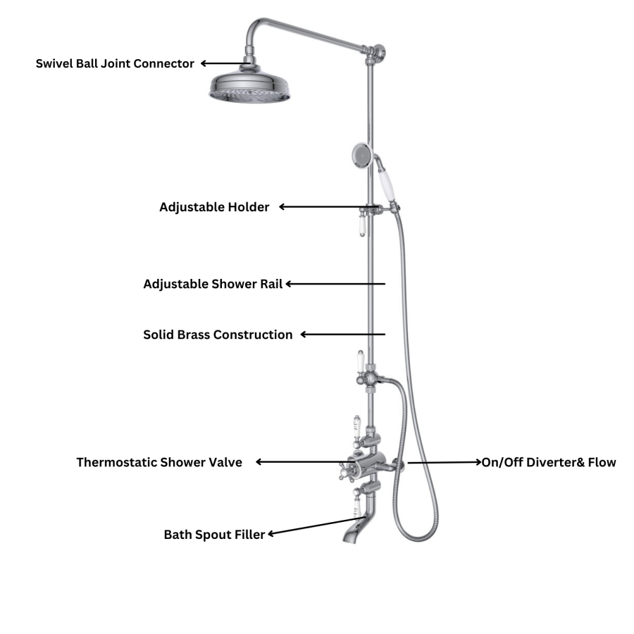 Chrome Traditional Thermostatic Bath Mixer Shower Set with Bath Filler Spout - Slide Rail Kit & Hand Shower - Camden
