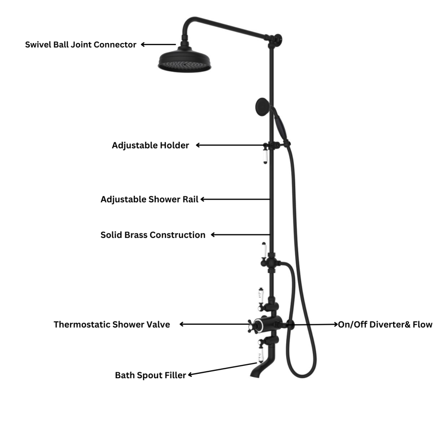Black Traditional Thermostatic Bath Mixer Shower Set with Bath Filler Spout - Slide Rail Kit & Hand Shower - Camden
