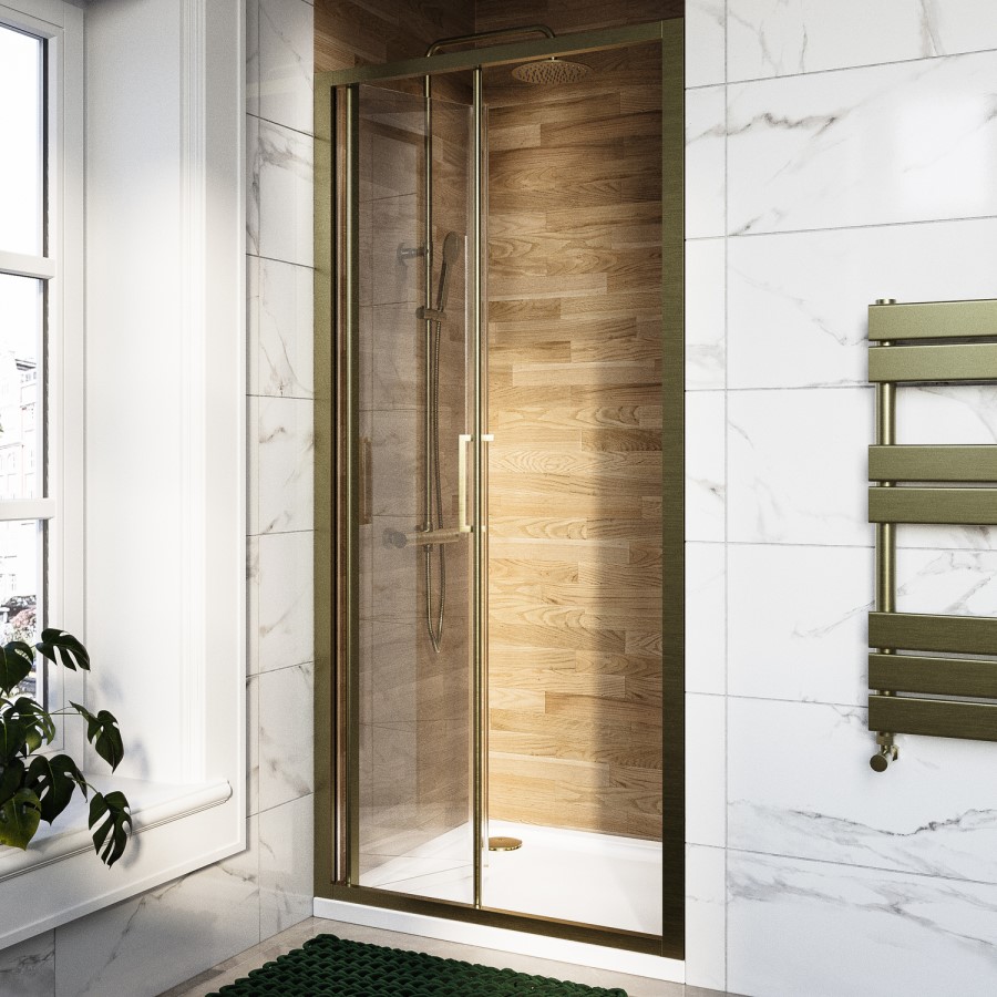 800mm Brushed Brass Bi-Fold Door Shower Enclosure 6mm Glass - Carina