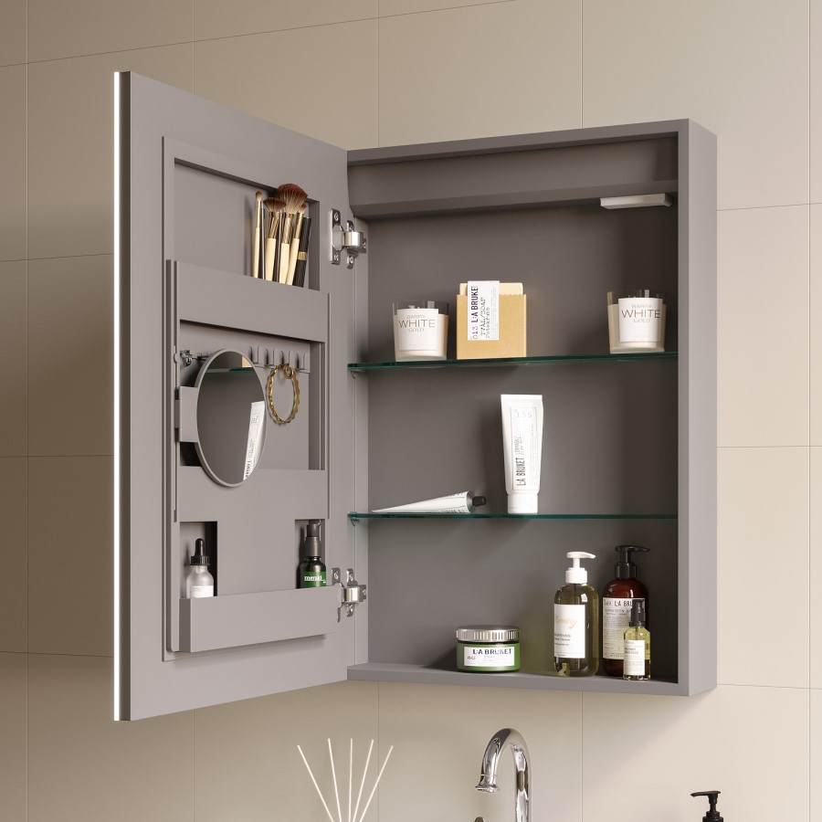 Single Door Chrome Bathroom Mirror Cabinet with Lights & Shaver Socket 500 x 700mm - Celeste