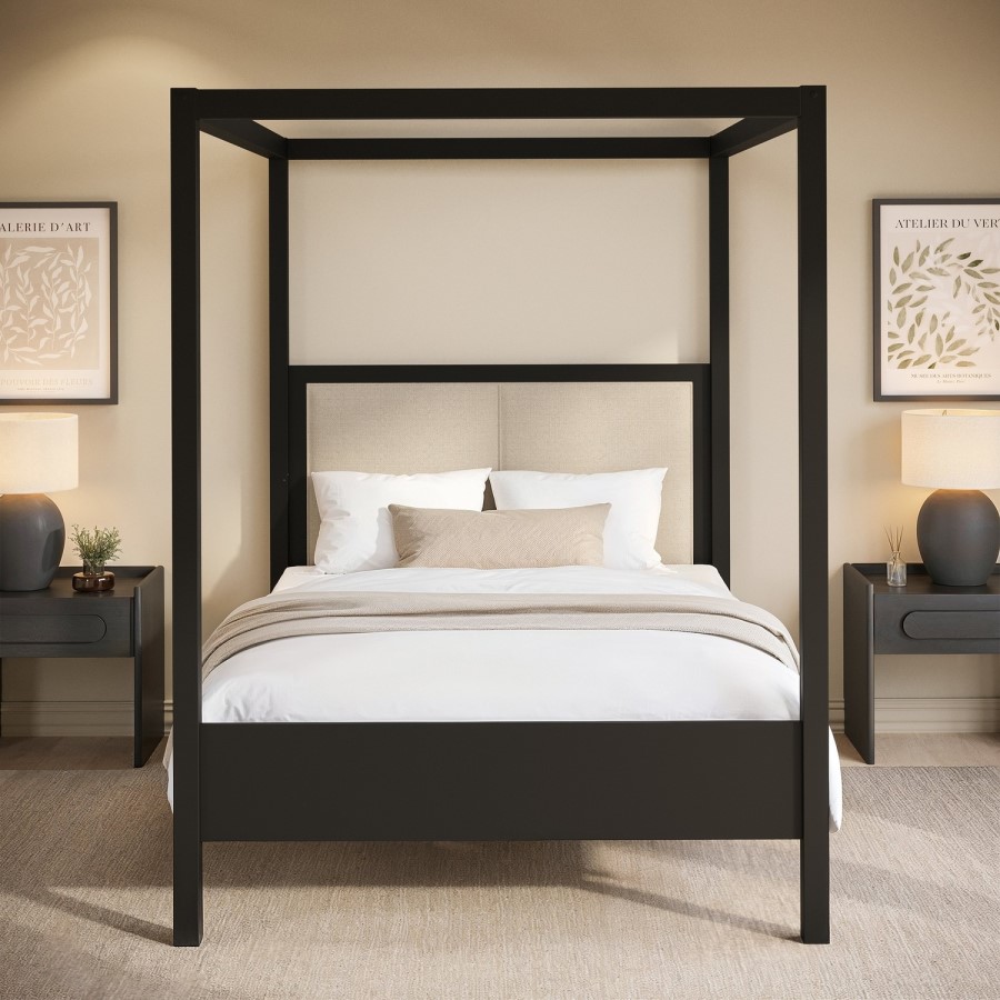 Double Four Poster Bed in Black with Linen Headboard - Charlotte