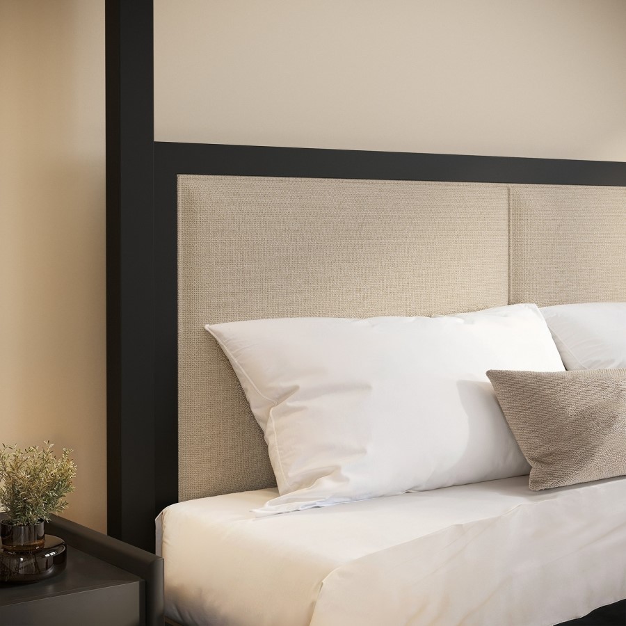 Double Four Poster Bed in Black with Linen Headboard - Charlotte