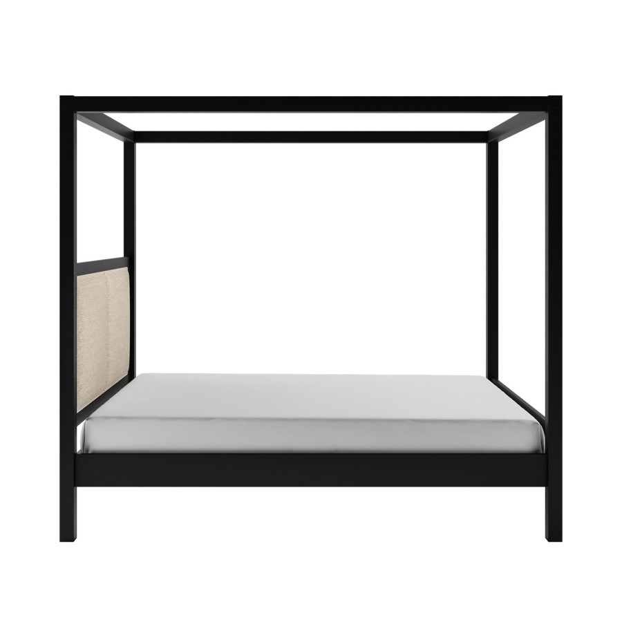 Double Four Poster Bed in Black with Linen Headboard - Charlotte
