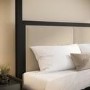 King Size Four Poster Bed in Black with Linen Headboard - Charlotte