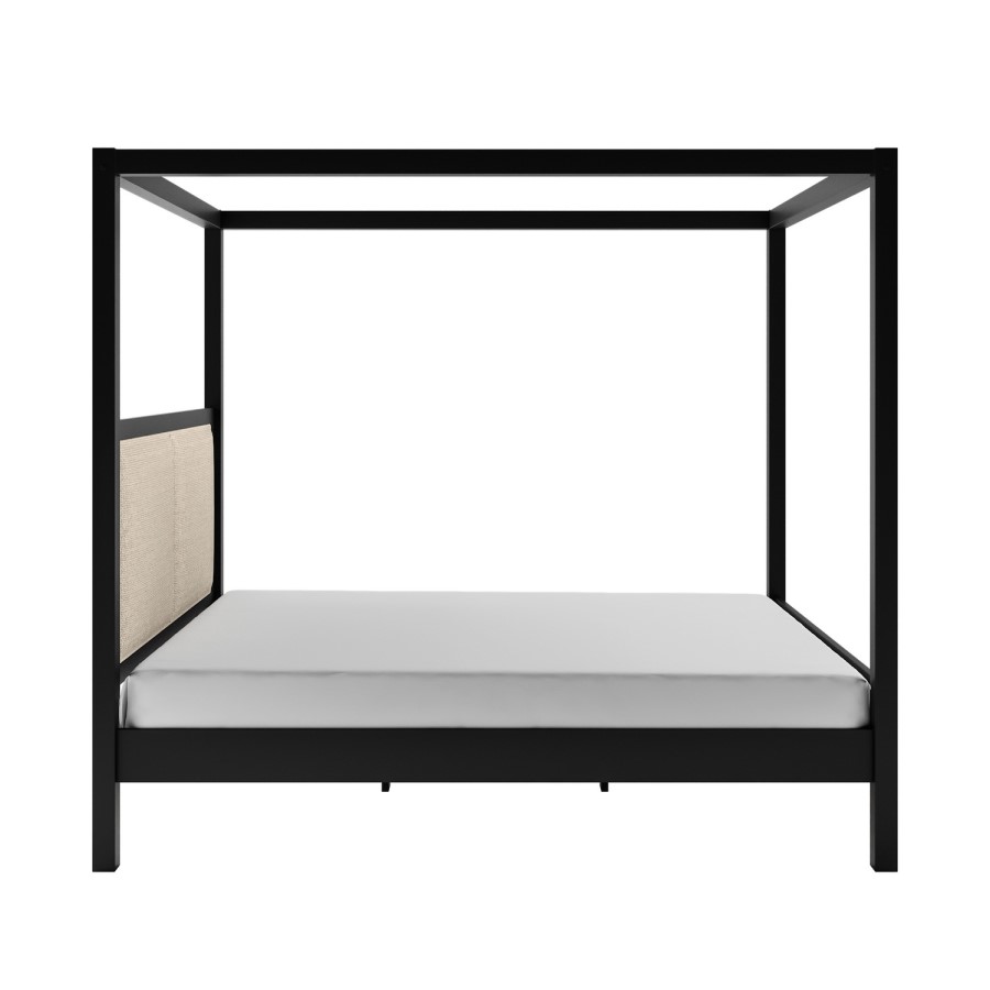 King Size Four Poster Bed in Black with Linen Headboard - Charlotte