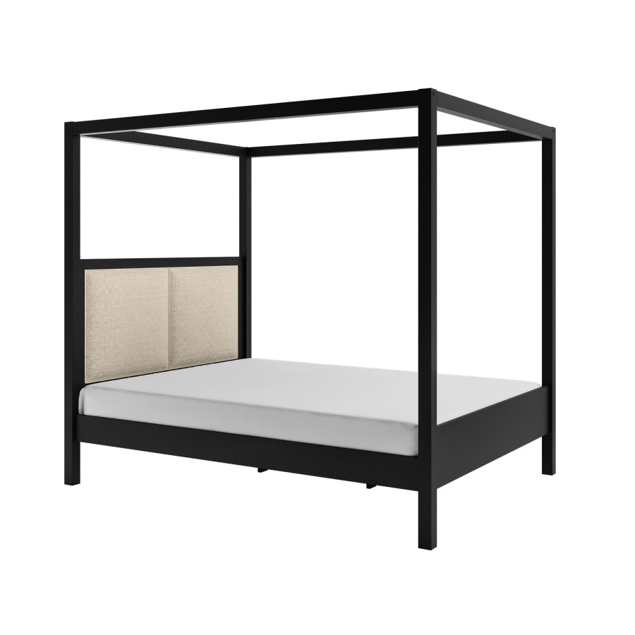 King Size Four Poster Bed in Black with Linen Headboard - Charlotte