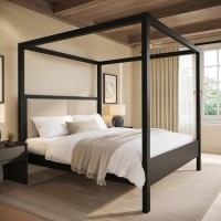 Super King Four Poster Bed in Black with Linen Headboard - Charlotte