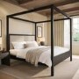 Super King Four Poster Bed in Black with Linen Headboard - Charlotte