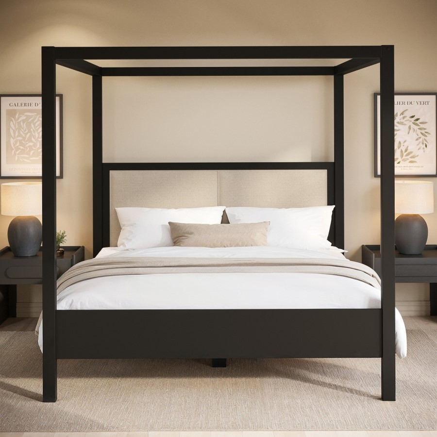 Super King Four Poster Bed in Black with Linen Headboard - Charlotte