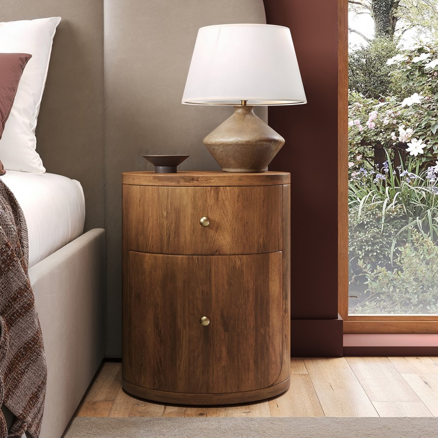 Mango Wood Round 2 Drawer Bedside Table - Full Assembled - Chakra