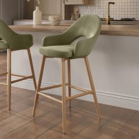 Oak and Sage Green Velvet Kitchen Stool with Back - Colbie