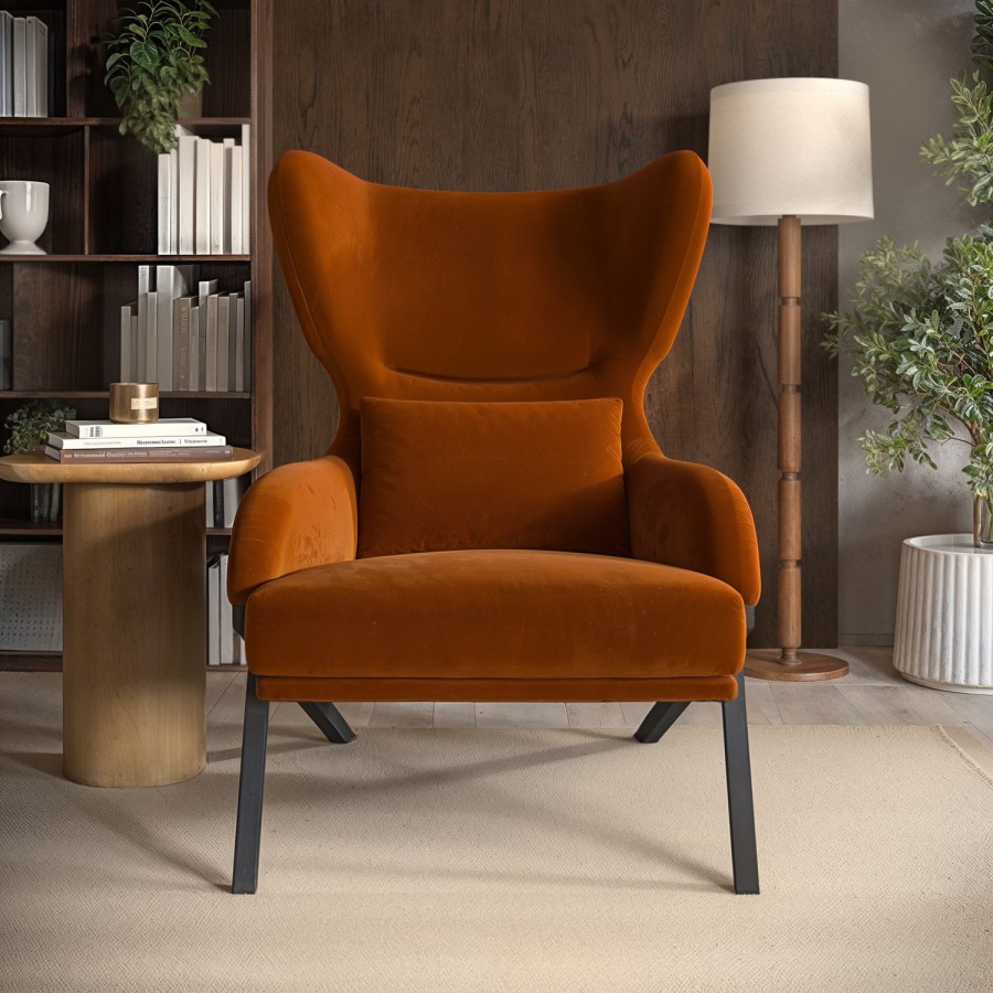 Burnt Orange Velvet Wingback Accent Chair - Clarence