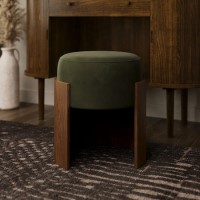Green Upholstered Bedroom Stool With Curved Walnut Base - Clover