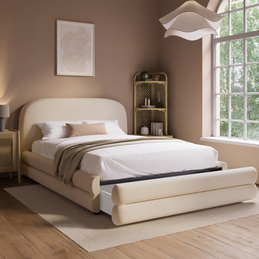 Cream Upholstered Double Bed Frame with Storage Drawer – Connie
