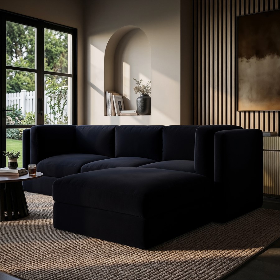 Navy Blue Chenille 4 Seater Modular Chaise L-Shape Corner Sofa - Cameron