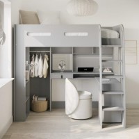 High Sleeper Loft Bed with Desk and Wardrobe in Grey - Carter
