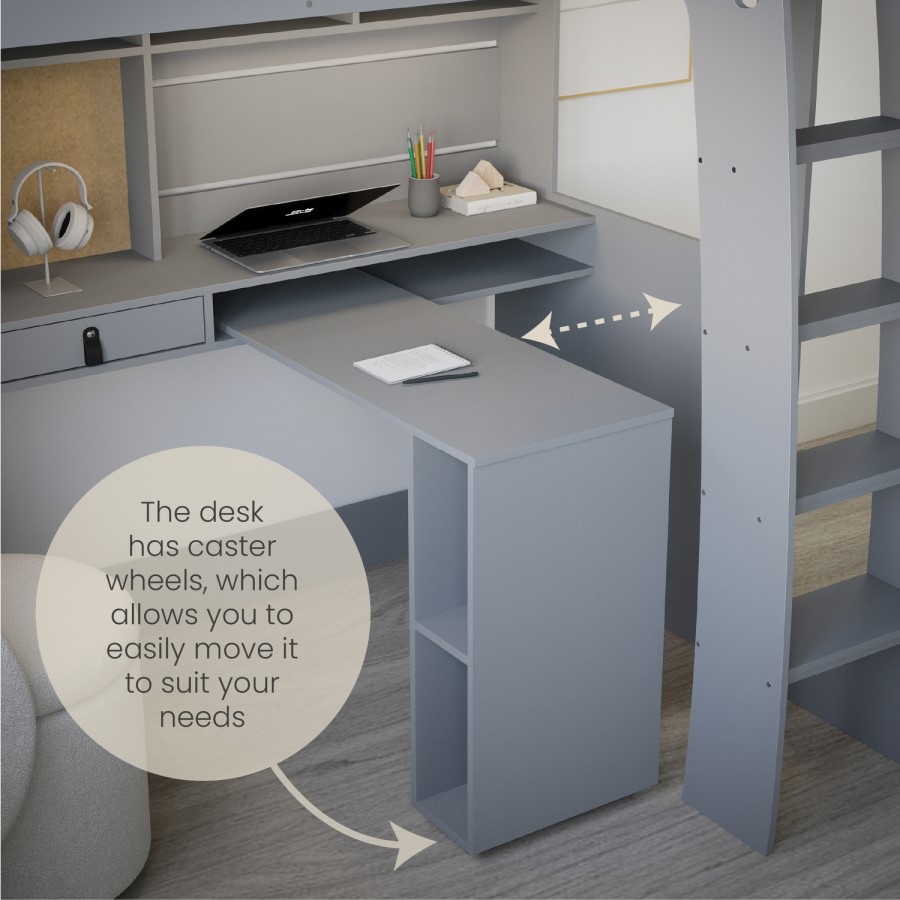 High Sleeper Loft Bed with Desk and Wardrobe in Grey - Carter