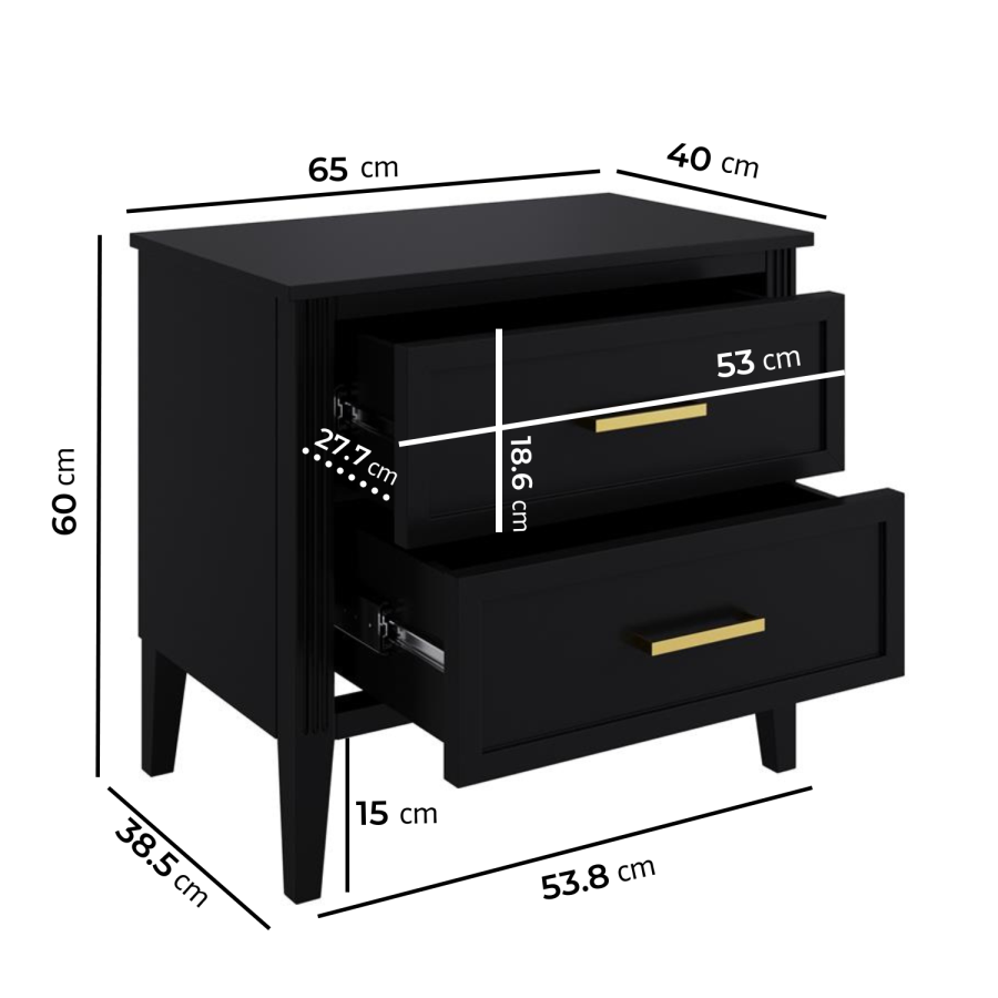Wide Black 2 Drawer Bedside Table - Delilah