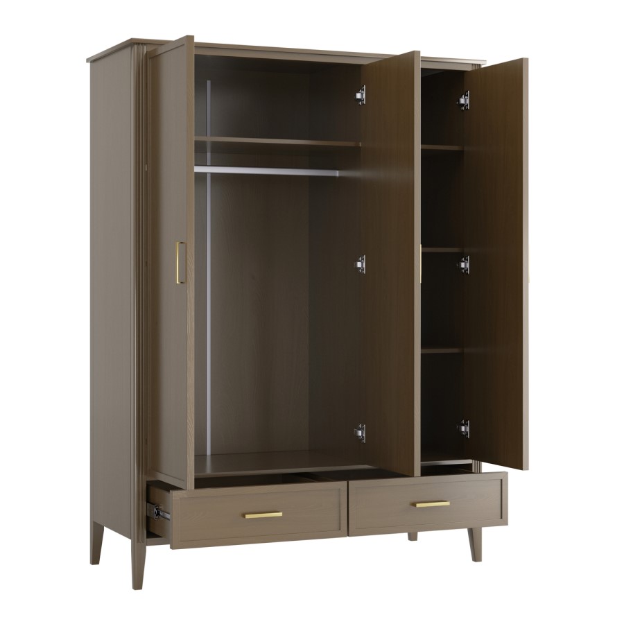 Large Dark Wood 3 Door Triple Wardrobe with Drawers - Delilah