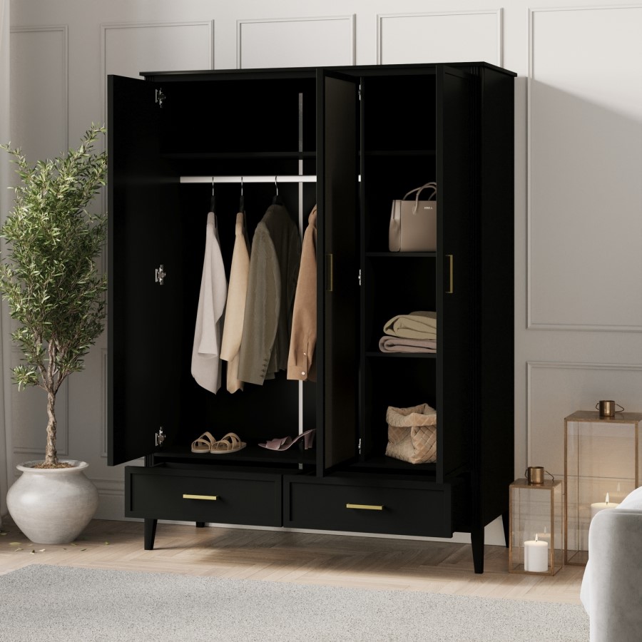 Large Black 3 Door Triple Wardrobe with Drawers - Delilah