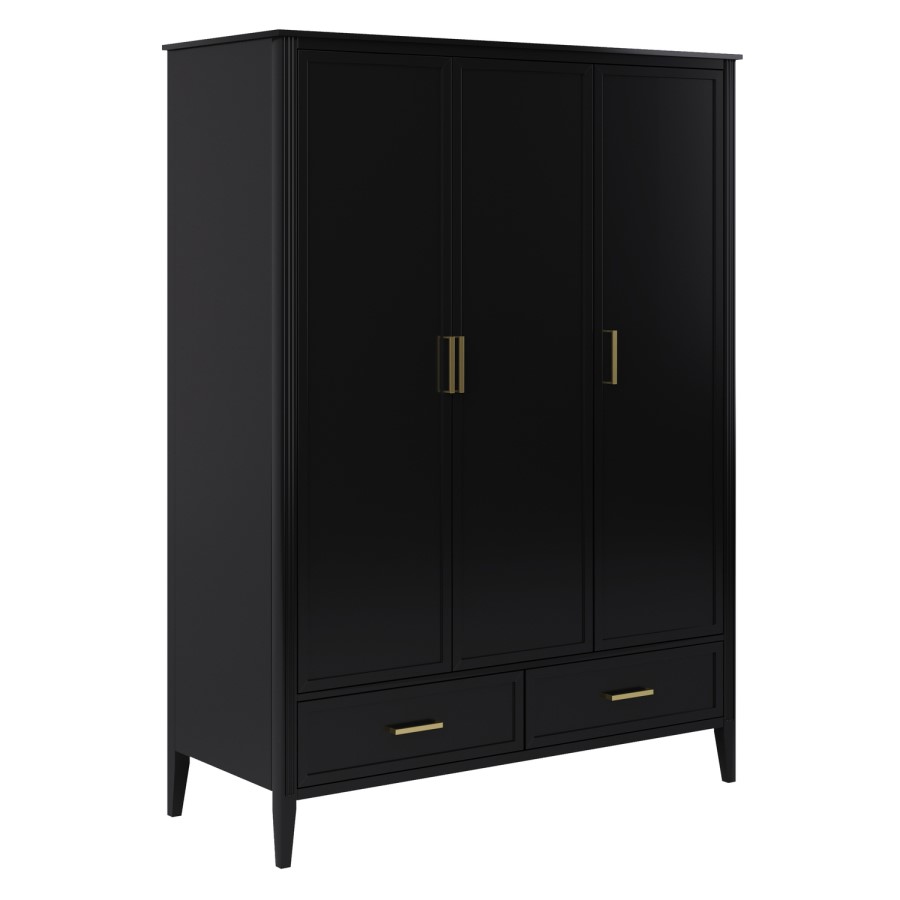 Large Black 3 Door Triple Wardrobe with Drawers - Delilah