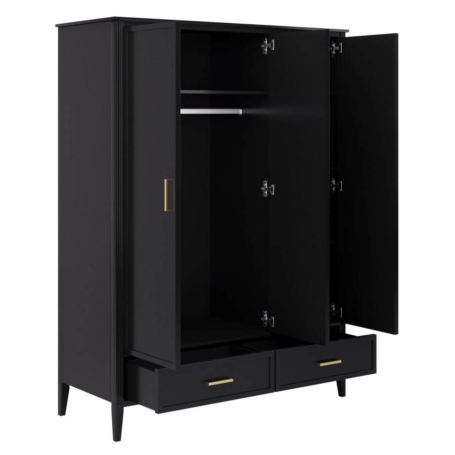 Large Black 3 Door Triple Wardrobe with Drawers - Delilah