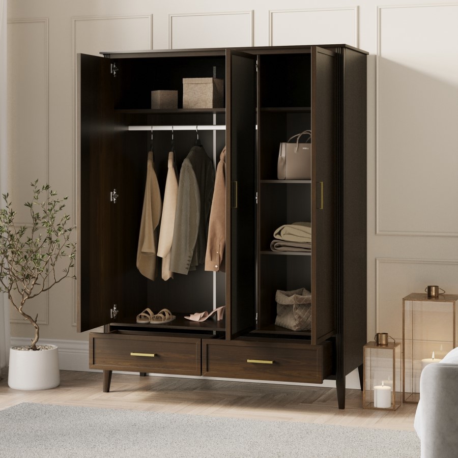 Large Walnut 3 Door Triple Wardrobe with Drawers - Delilah