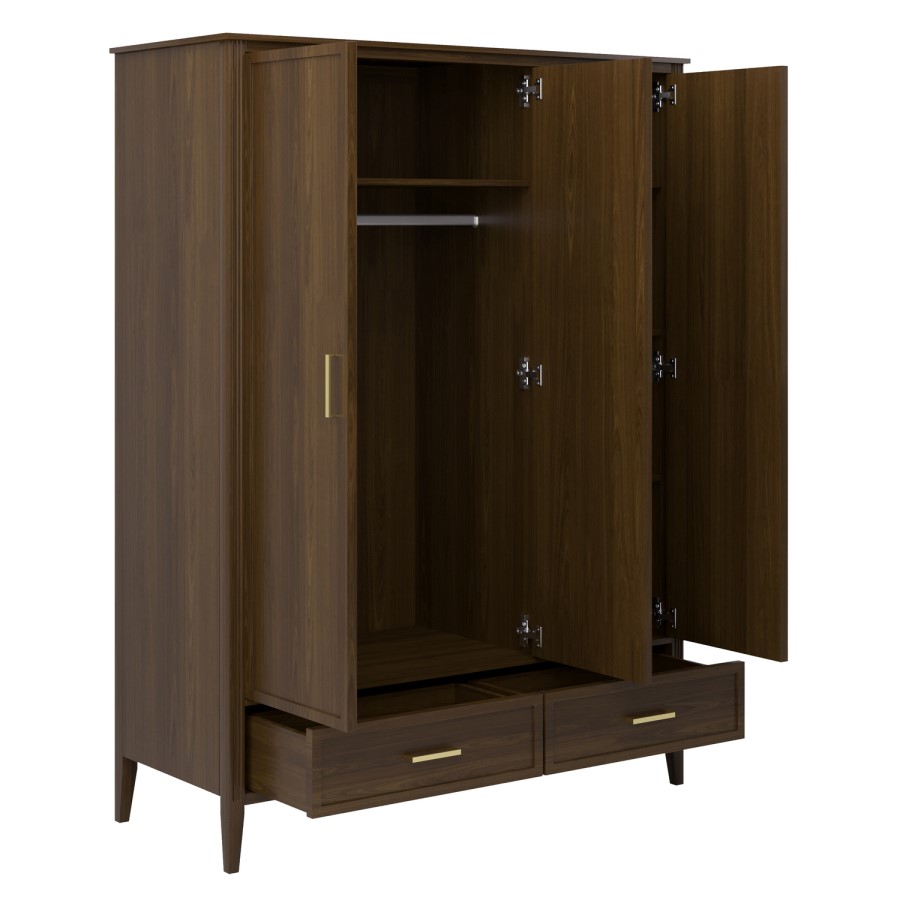 Large Walnut 3 Door Triple Wardrobe with Drawers - Delilah