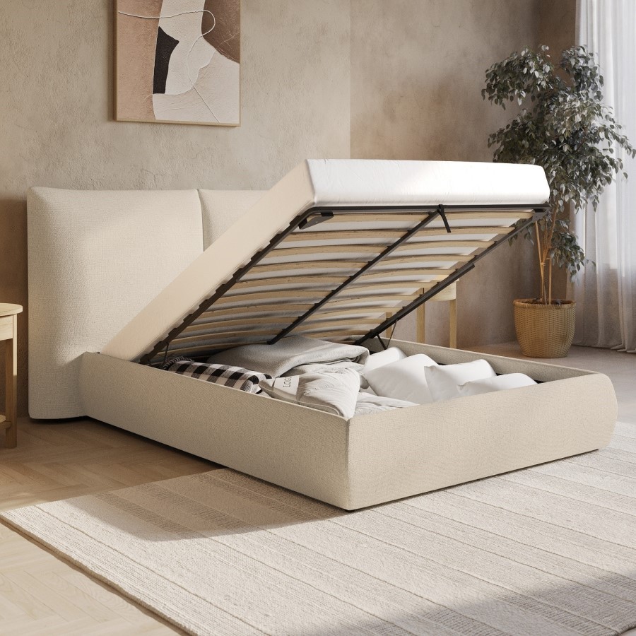 Beige Linen King Size Ottoman Bed with Pillow Headboard - Dune