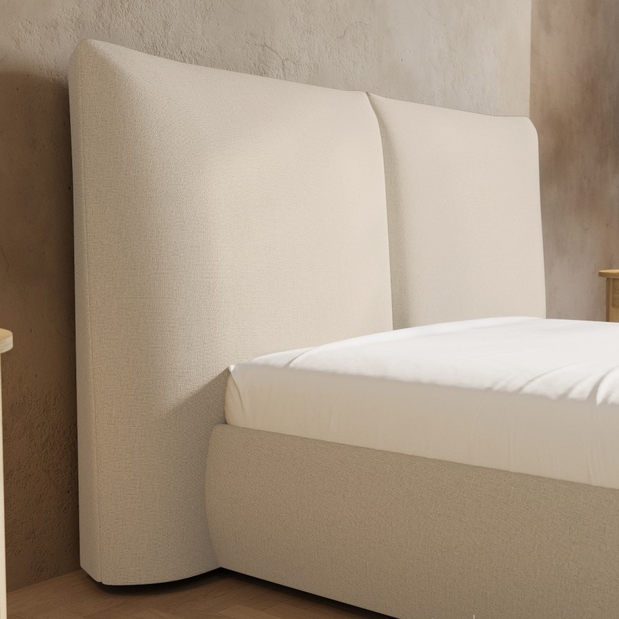 Beige Linen King Size Ottoman Bed with Pillow Headboard - Dune